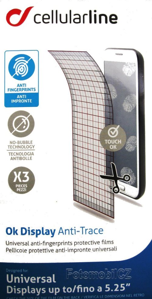 3 kusy univerzální ochranná fólie displeje CellularLine, rozměry 140 x 75 mm.