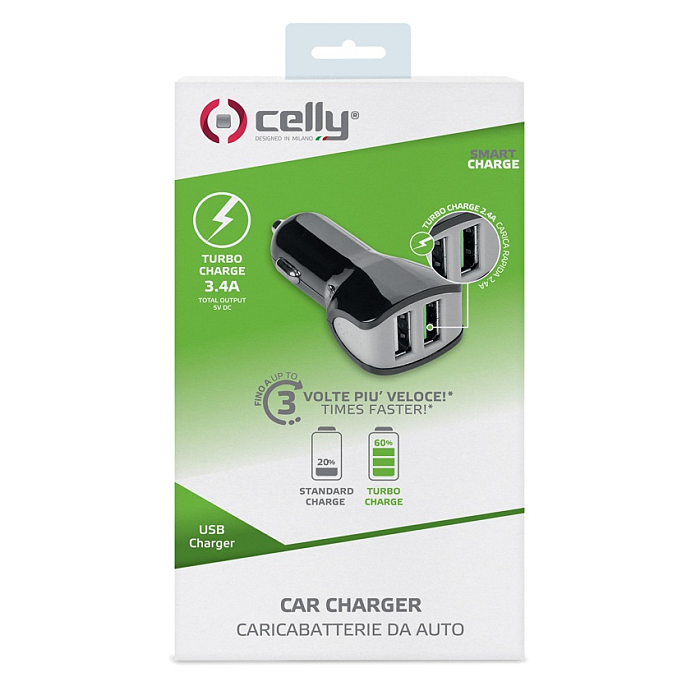 CL autonabíječka CELLY Turbo s 2 x USB výstupem, 3,4 A, černá