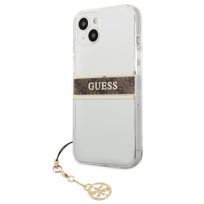 Pouzdro Guess PC/TPU 4G Brown Stripe iPhone 13 mini čiré