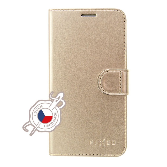 Pouzdro typu kniha FIXED FIT Shine pro Samsung Galaxy A70, zlaté + sklo na displej
