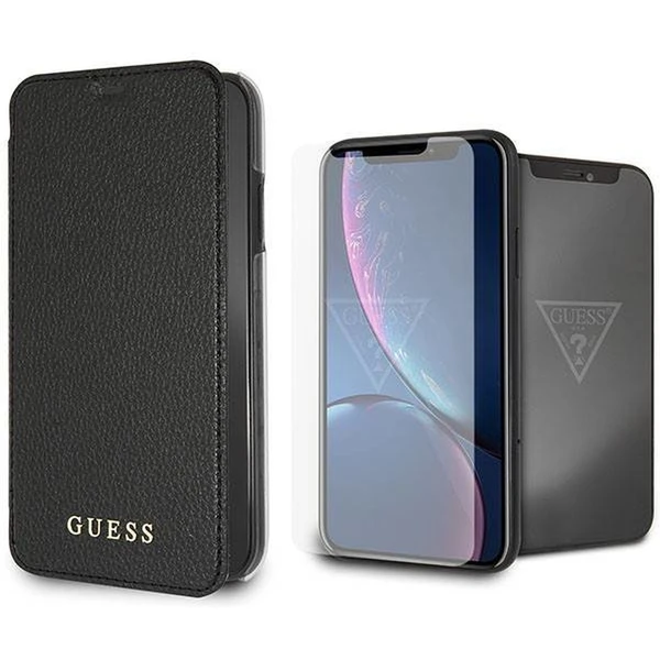 GUBPBKTI61IBK Guess Bundle Leather knížkové pouzdro Iridescent ČERNÁ  barva + Tempered Glass pro iPhone X/ XS