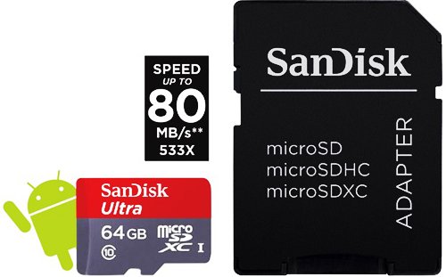 Paměťová karta SanDisk microSDHC 64GB Ultra, + SD Adapter, 80 MB/s, Class10