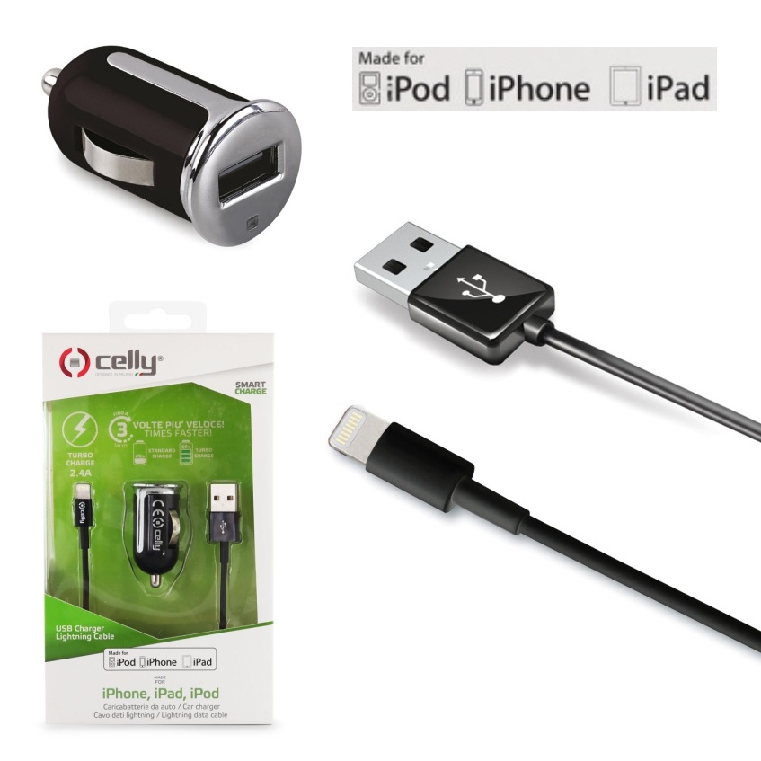 Set CELLY Turbo autonabíječky s USB konektorem a Lightning kabelu, 2,4 A, černá