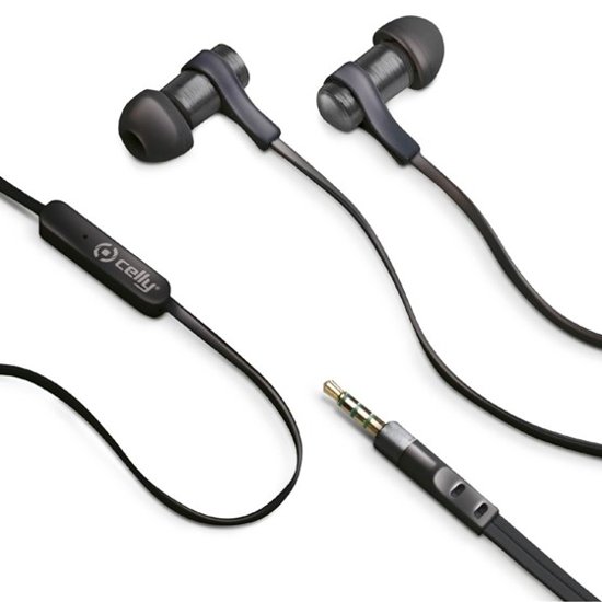 Stereo sluchátka CELLY s mikrofonem, 3,5mm jack, plochý kabel, černá