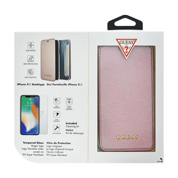 GUBPBKTI61IRG Guess Bundle Leather knížkové pouzdro Iridescent Rose GOLD zlatá barva + Tempered Glass pro iPhone XR