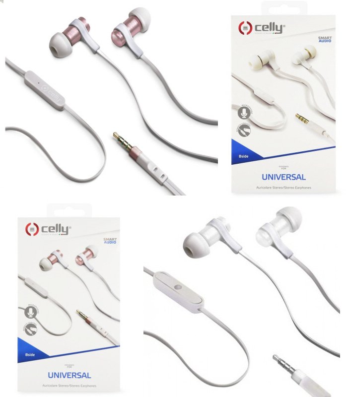 2x Stereo sluchátka CELLY BSIDE, 3,5mm jack, flat kabel, 1x bílá a 1x ROSE GOLD